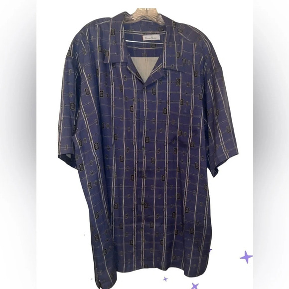 Burns Bibas men’s vintage 100% silk button up geometric print shirt, size XXL. - Picture 1 of 6